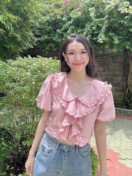  Áo kiểu crop phối bèo viền cổ 