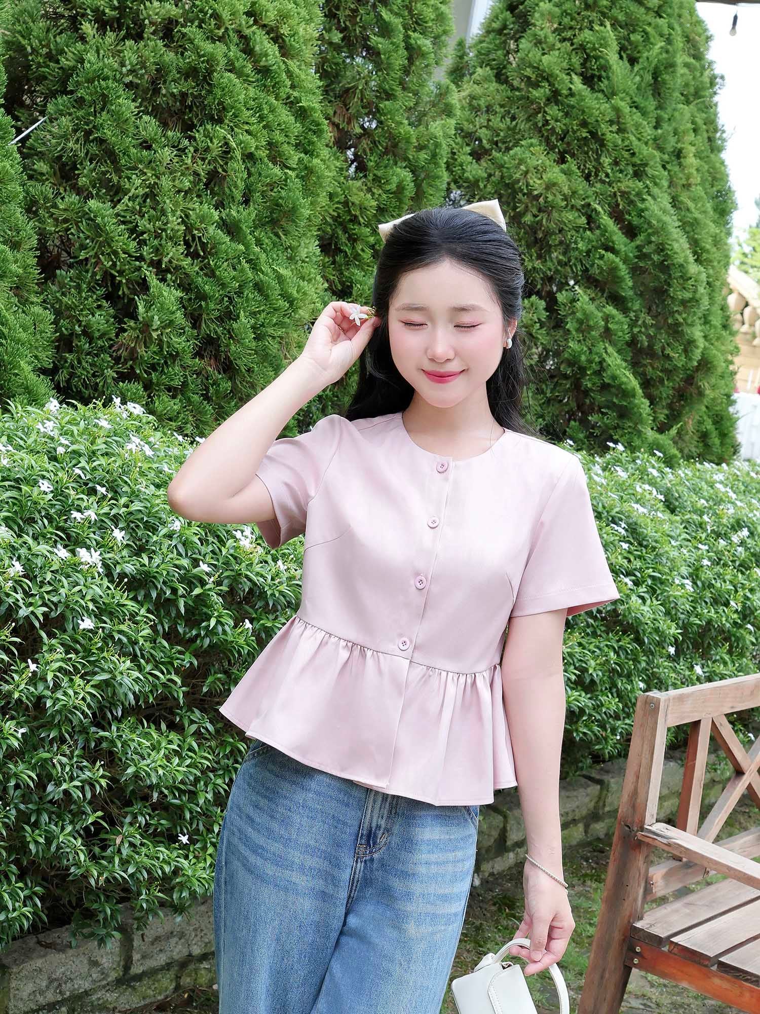  Áo cổ tròn nhún eo cơ bản 