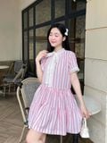  Đầm sọc phối ren viền cổ 