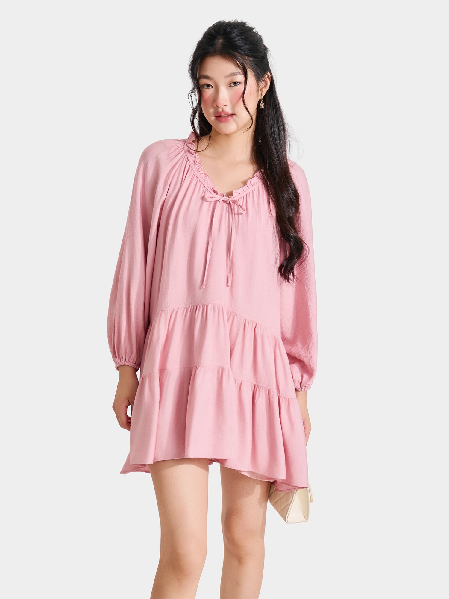 Đầm babydoll tay dài cổ tim phối bèo