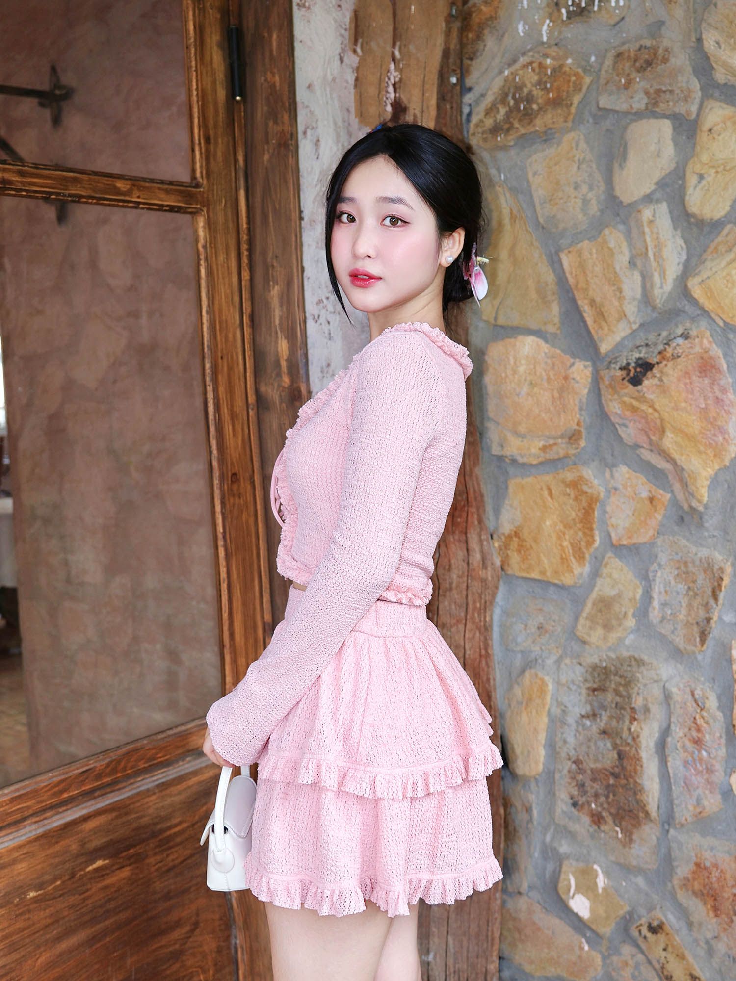  Áo khoác ren thun phối bèo đính nơ 