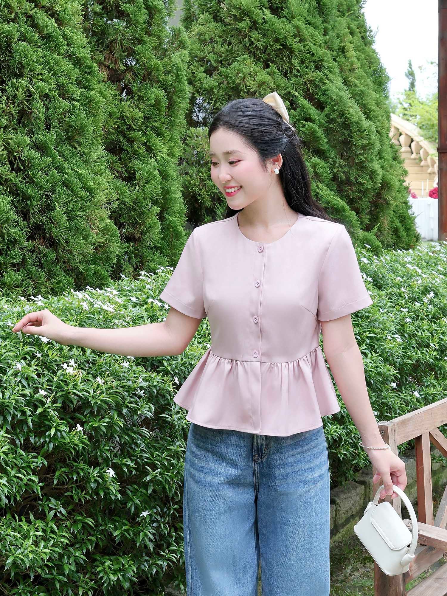  Áo cổ tròn nhún eo cơ bản 