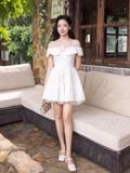  Đầm mini 2 dây trễ vai tùng xòe phối lưới 