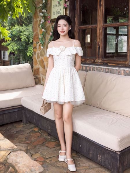 Đầm mini 2 dây trễ vai tùng xòe phối lưới 