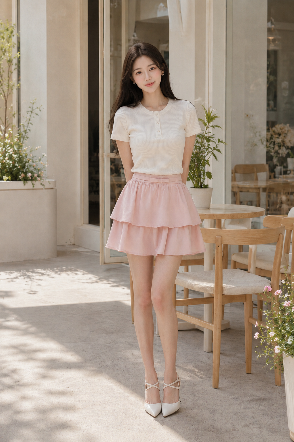  Chân váy mini hai tầng phối dây lưng nơ 