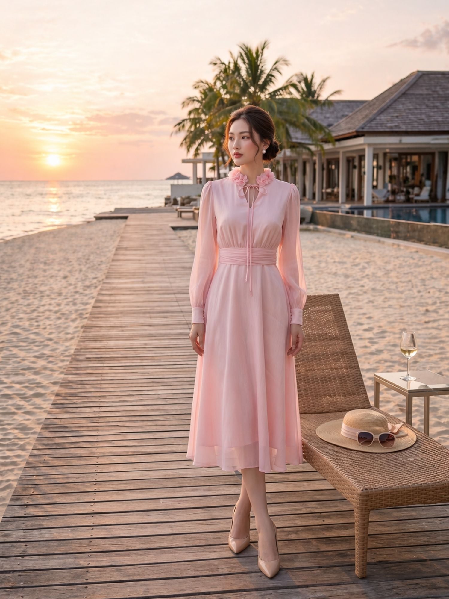 Đầm midi tay dài cổ hoa voan thắt nơ