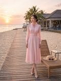  Đầm midi tay dài cổ hoa voan thắt nơ 