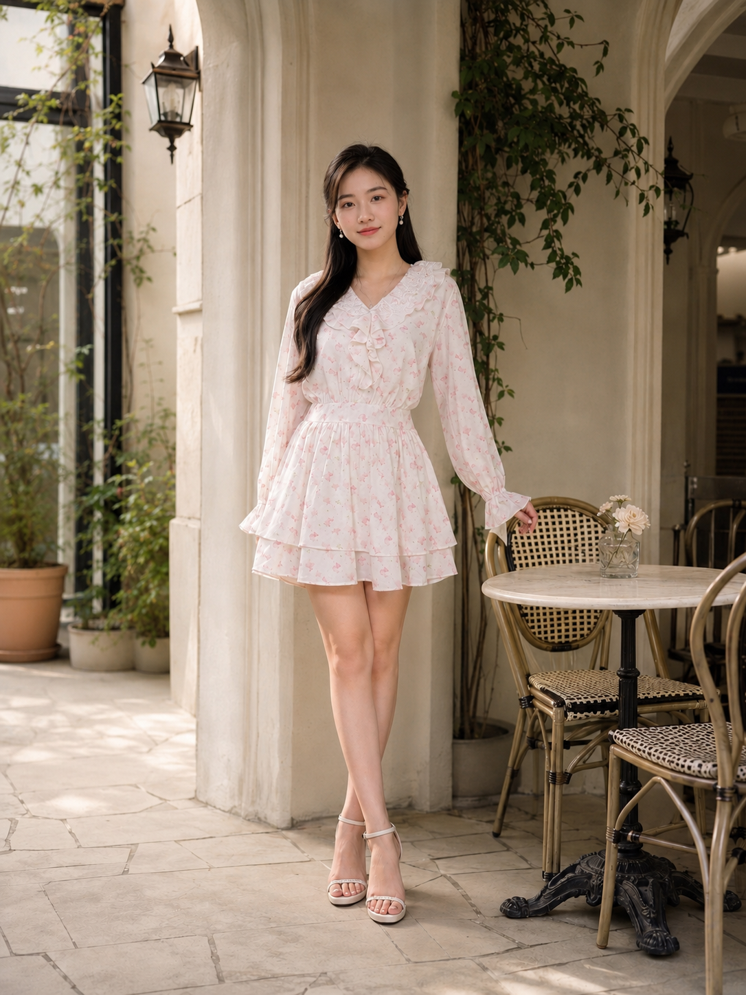 Đầm mini in hoa tay dài cổ phối bèo