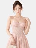  Đầm midi 2 dây hạ eo hoa nổi 