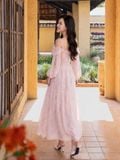  Đầm midi voan hoa tay phồng dài 