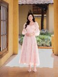  Đầm midi voan hoa tay phồng dài 
