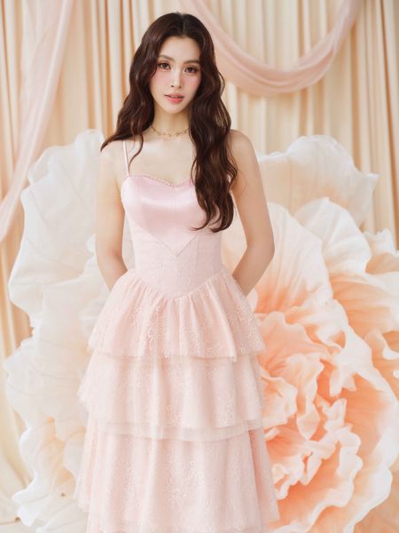  Đầm ren midi 4 tầng phối lụa 