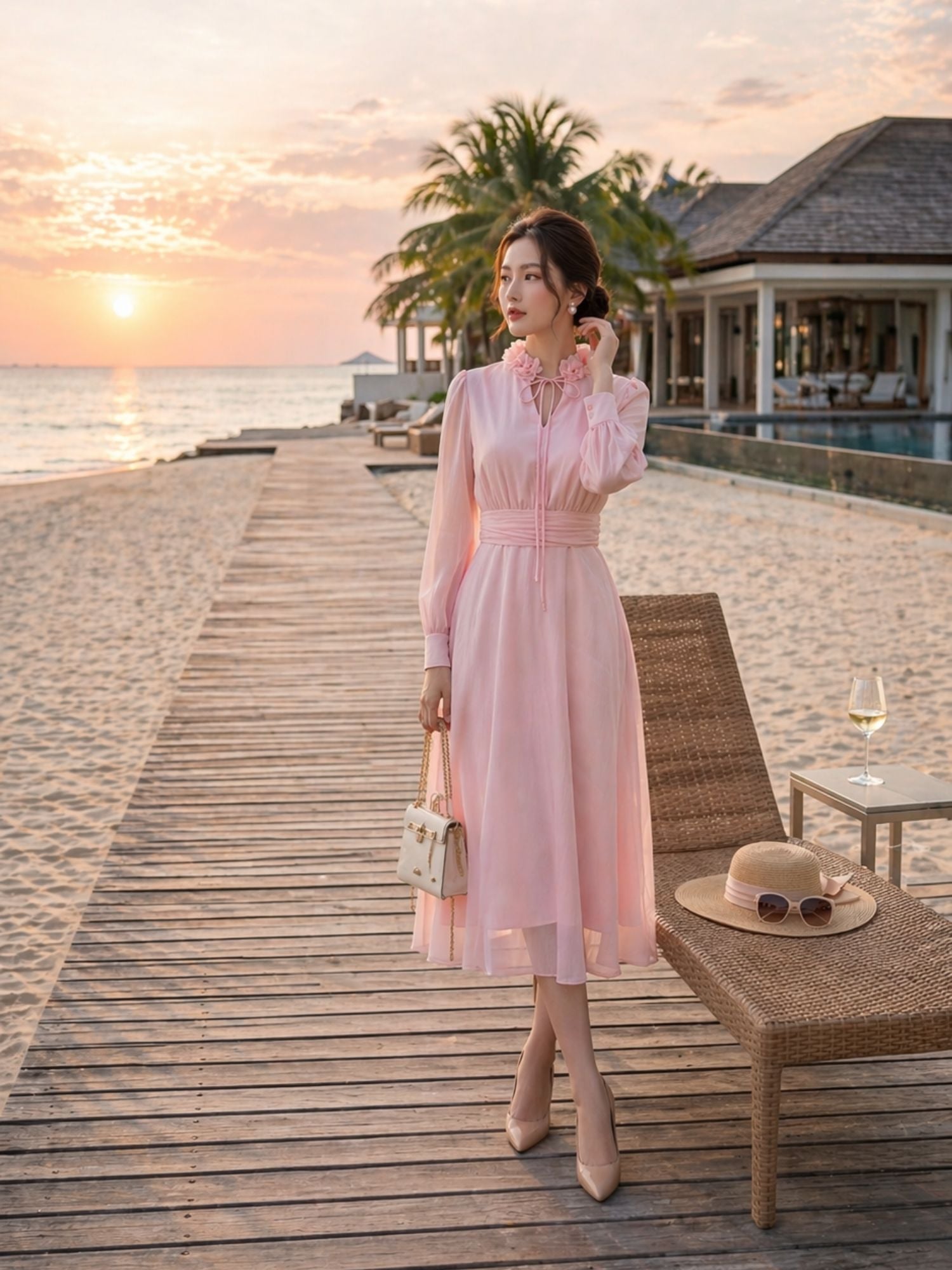Đầm midi tay dài cổ hoa voan thắt nơ