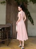  Đầm midi sát nách khoét cổ phối nơ 
