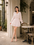  Đầm mini in hoa tay dài cổ phối bèo 