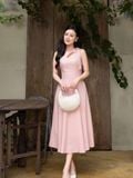  Đầm midi sát nách khoét cổ phối nơ 