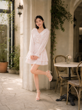  Đầm mini in hoa tay dài cổ phối bèo 