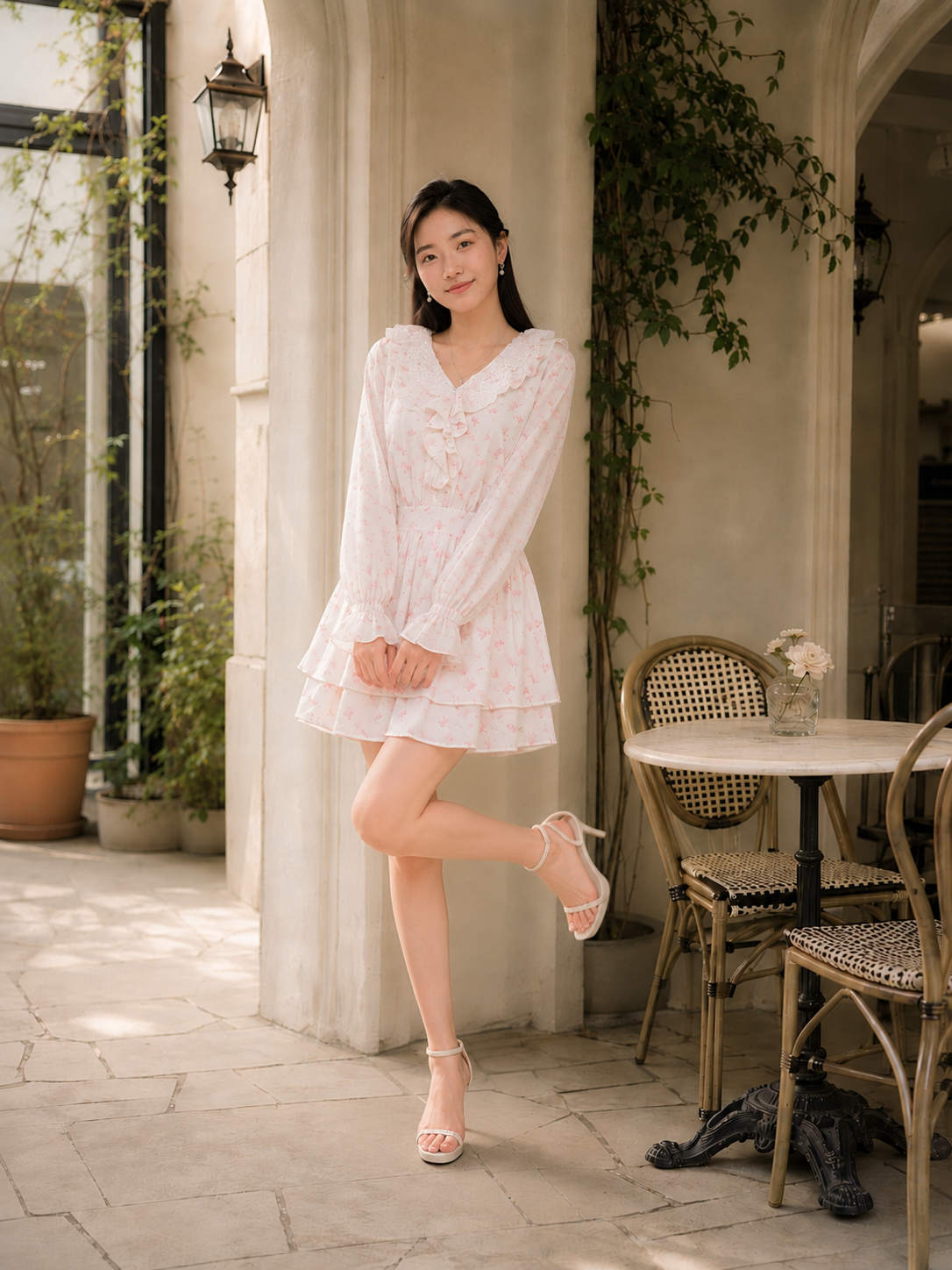  Đầm mini in hoa tay dài cổ phối bèo 