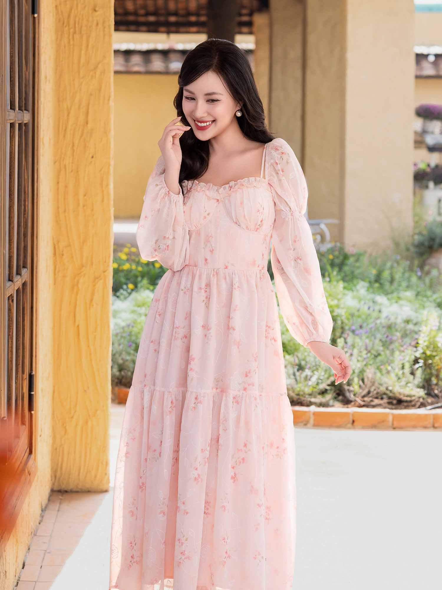  Đầm midi voan hoa tay phồng dài 