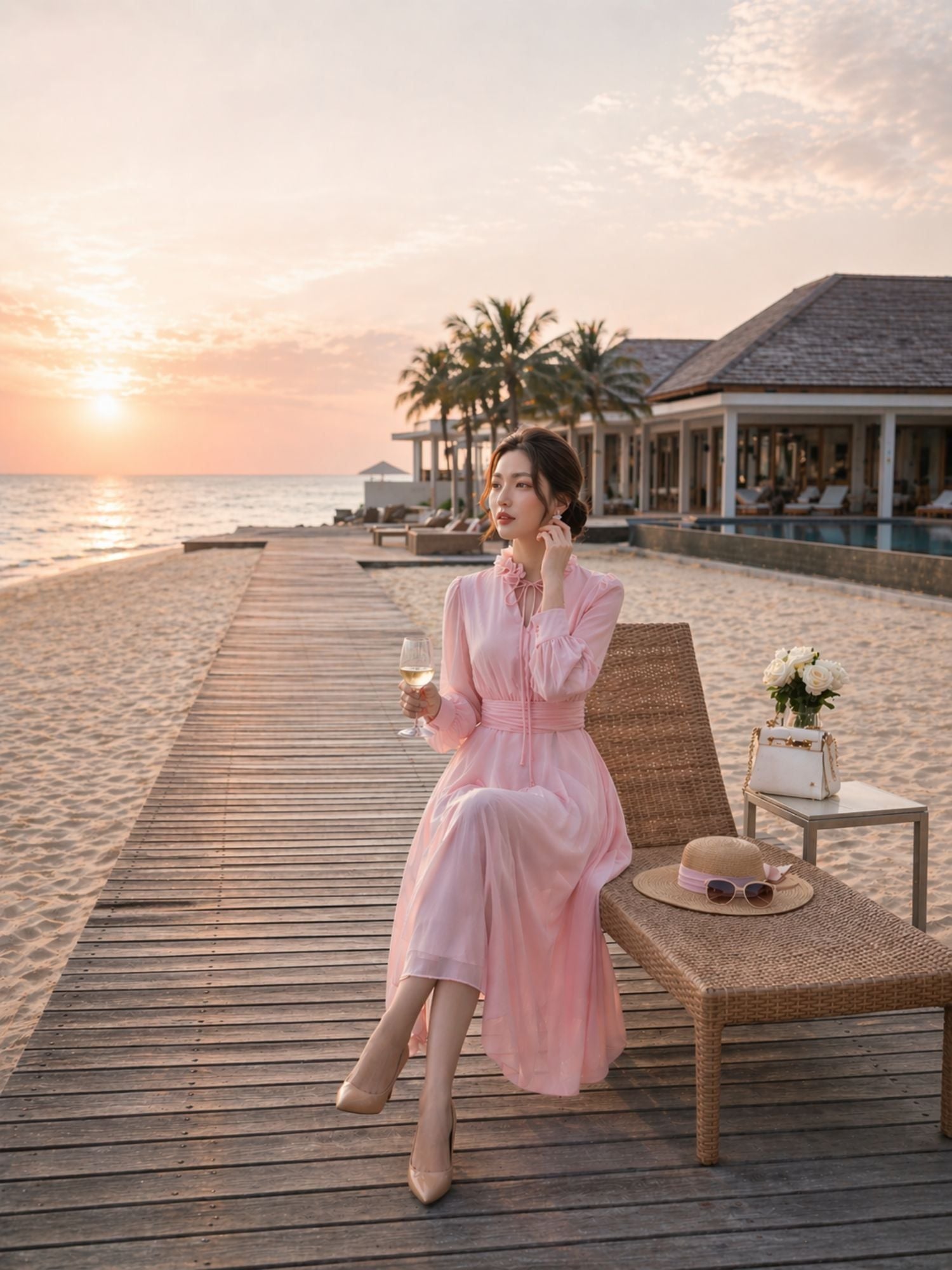 Đầm midi tay dài cổ hoa voan thắt nơ 
