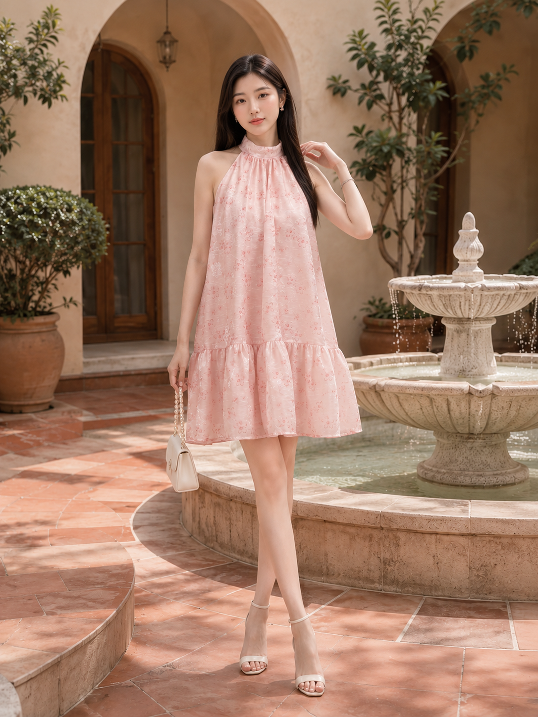 Đầm mini voan cổ yếm dáng xòe babydoll