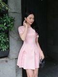  Đầm mini xoè phối dây nơ 