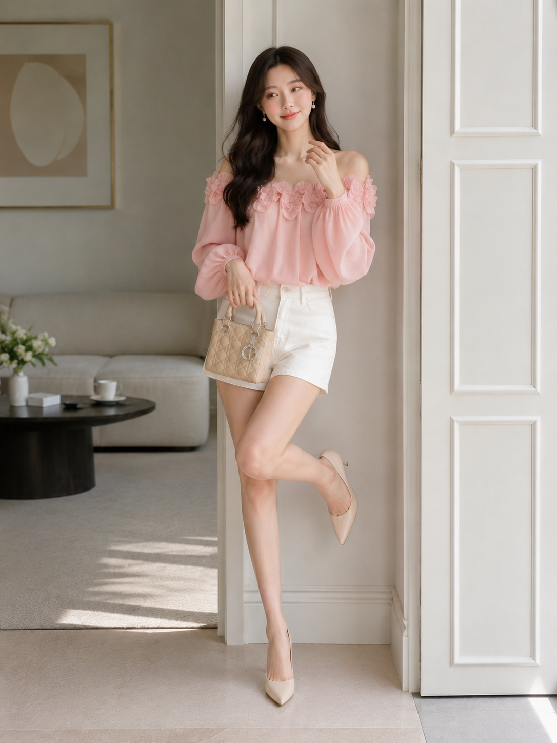  Áo kiểu tơ bẹt vai nhún bèo 