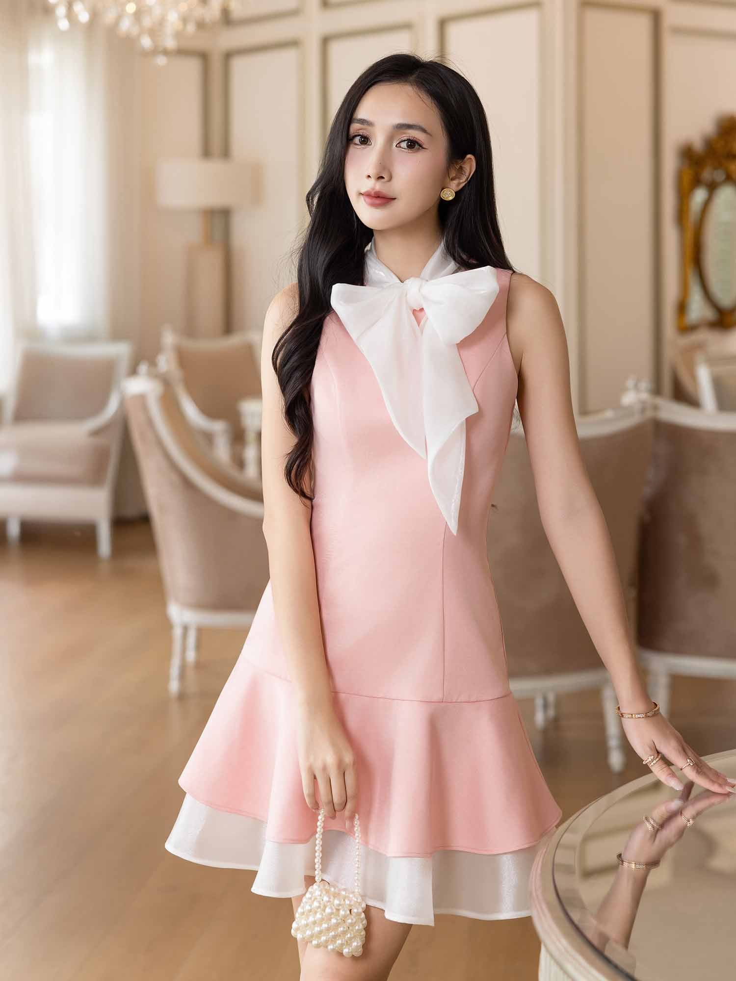 Đầm mini hai tầng phối nơ cổ Organza