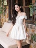  Đầm mini 2 dây trễ vai tùng xòe phối lưới 