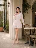  Đầm mini in hoa tay dài cổ phối bèo 