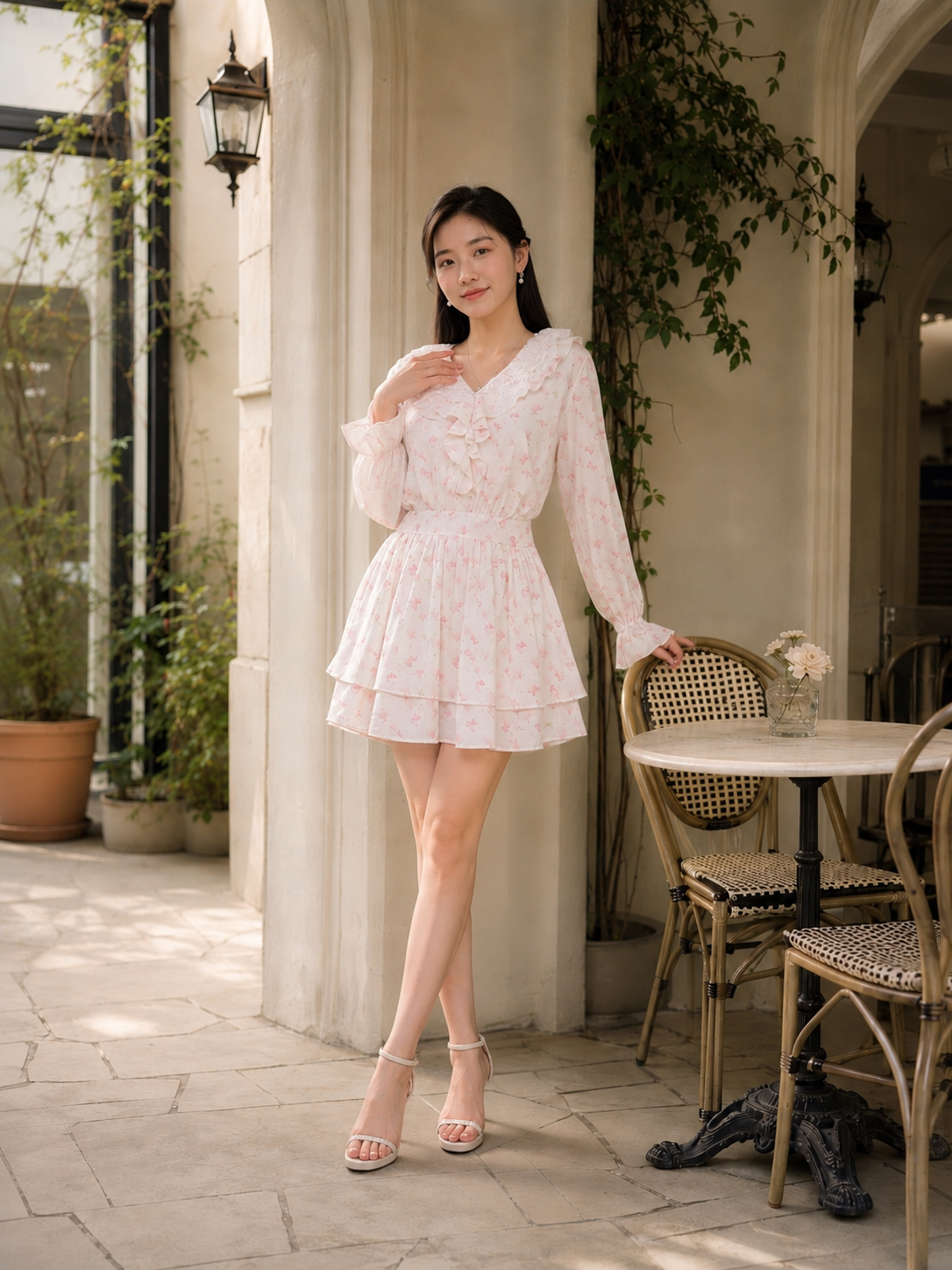  Đầm mini in hoa tay dài cổ phối bèo 