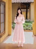  Đầm midi voan hoa tay phồng dài 