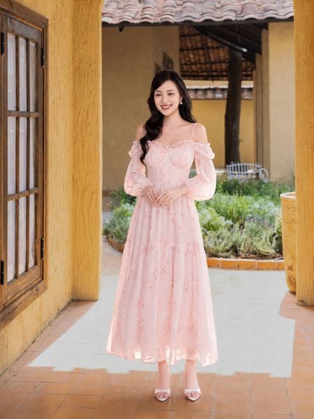  Đầm midi voan hoa tay phồng dài 