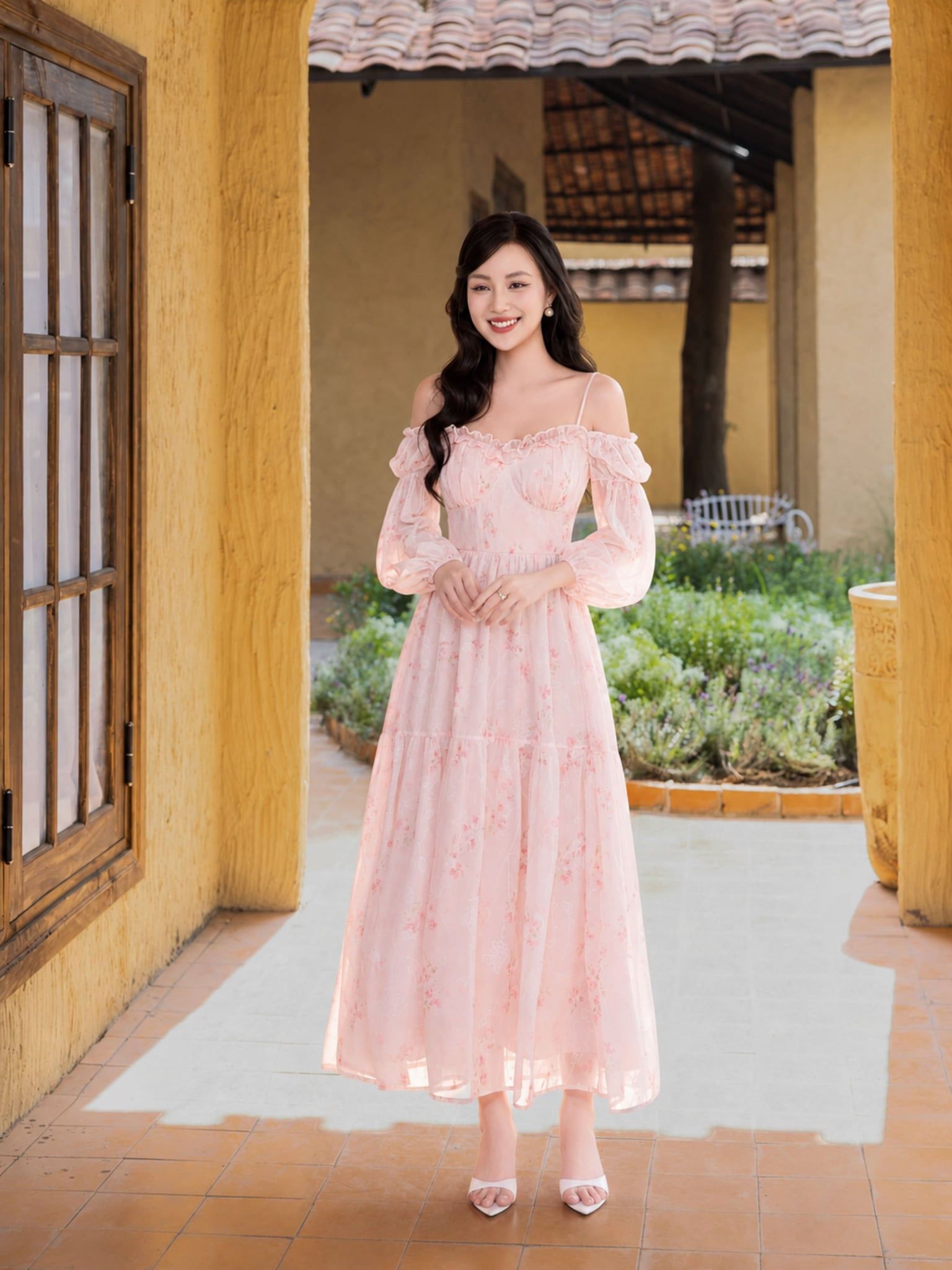  Đầm midi voan hoa tay phồng dài 