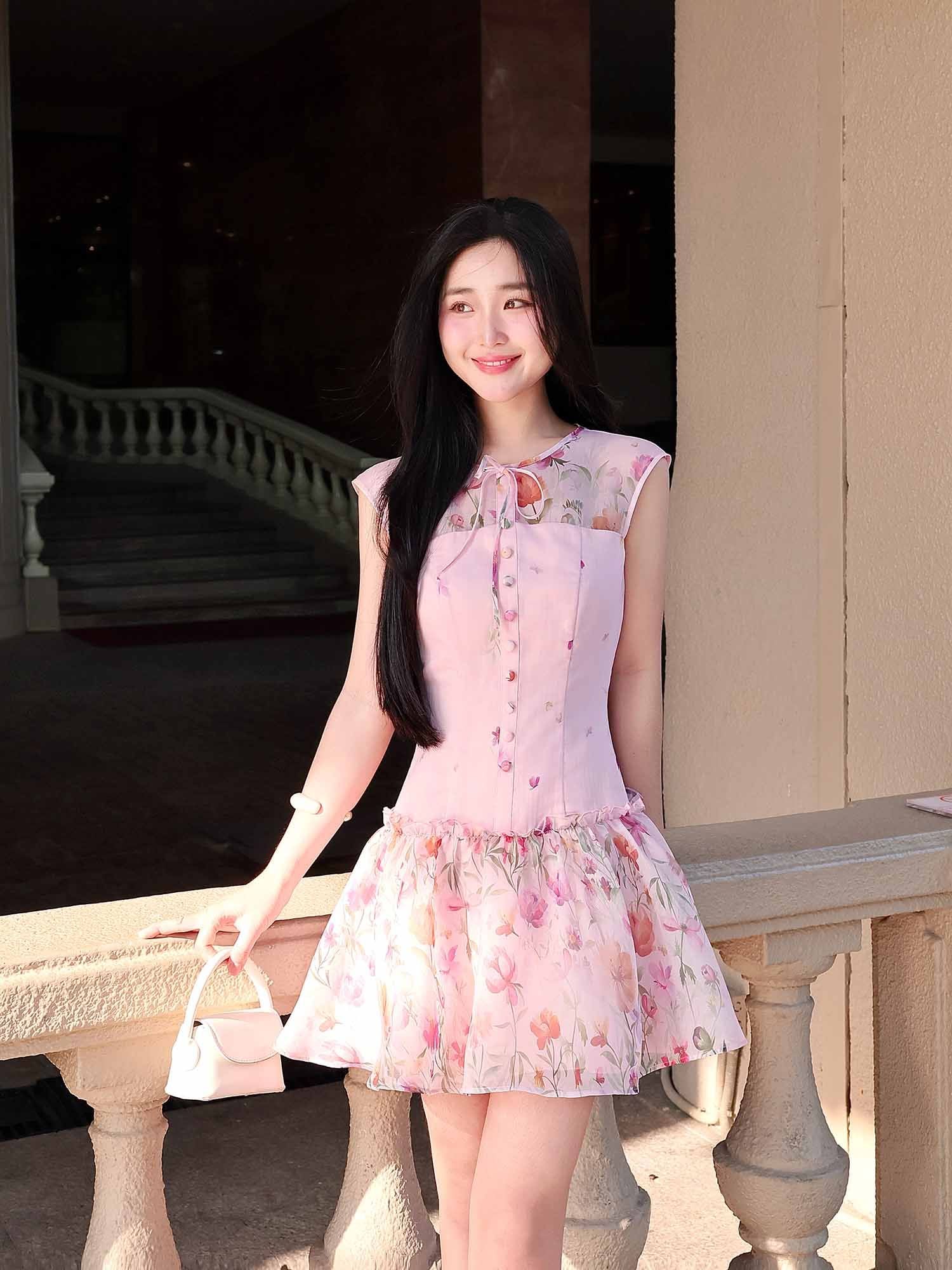  Đầm mini hạ eo voan hoa 