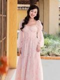  Đầm midi voan hoa tay phồng dài 