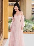  Đầm midi voan hoa tay phồng dài 