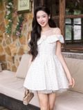  Đầm mini 2 dây trễ vai tùng xòe phối lưới 