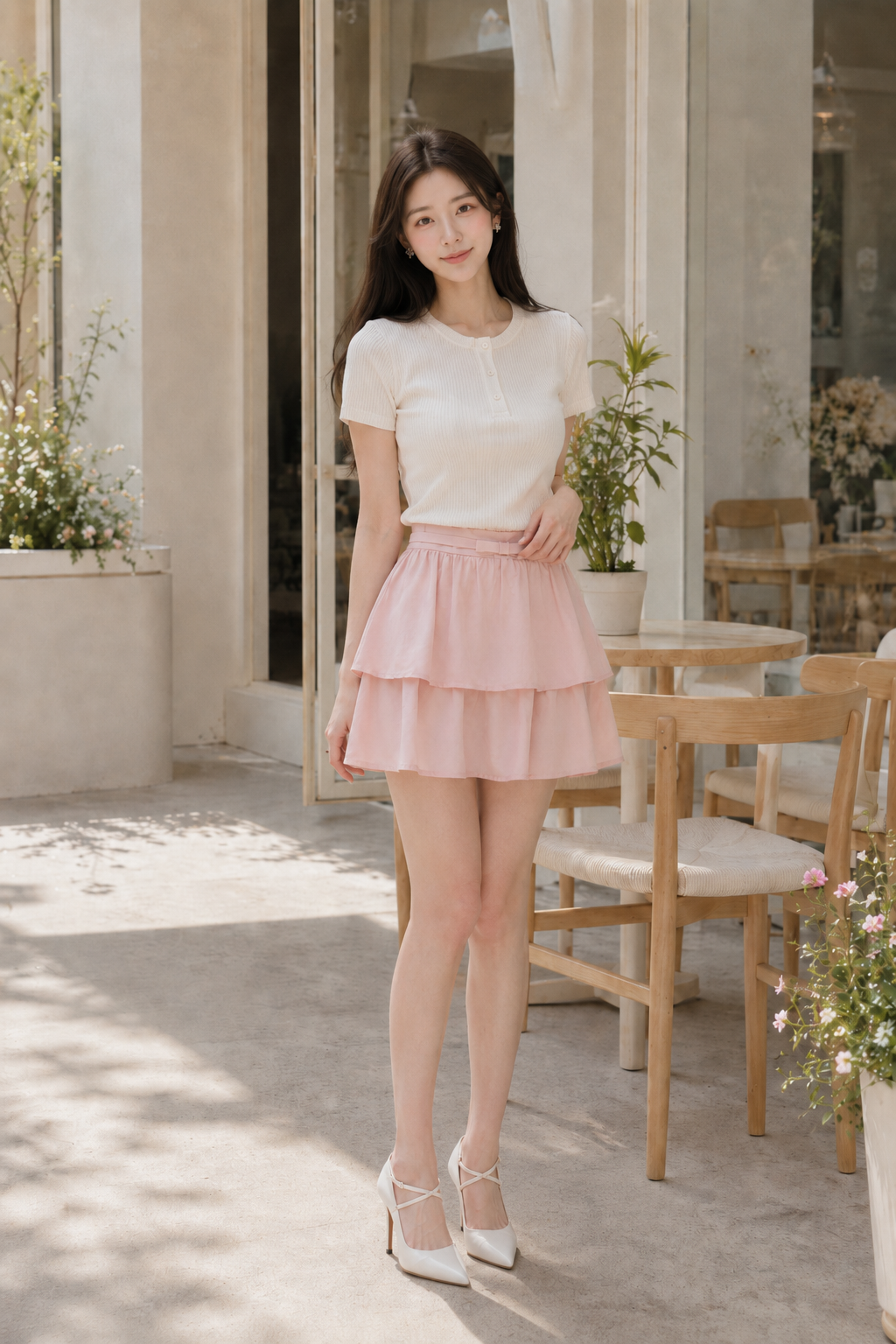  Chân váy mini hai tầng phối dây lưng nơ 