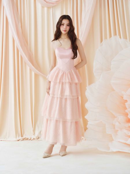  Đầm ren midi 4 tầng phối lụa 