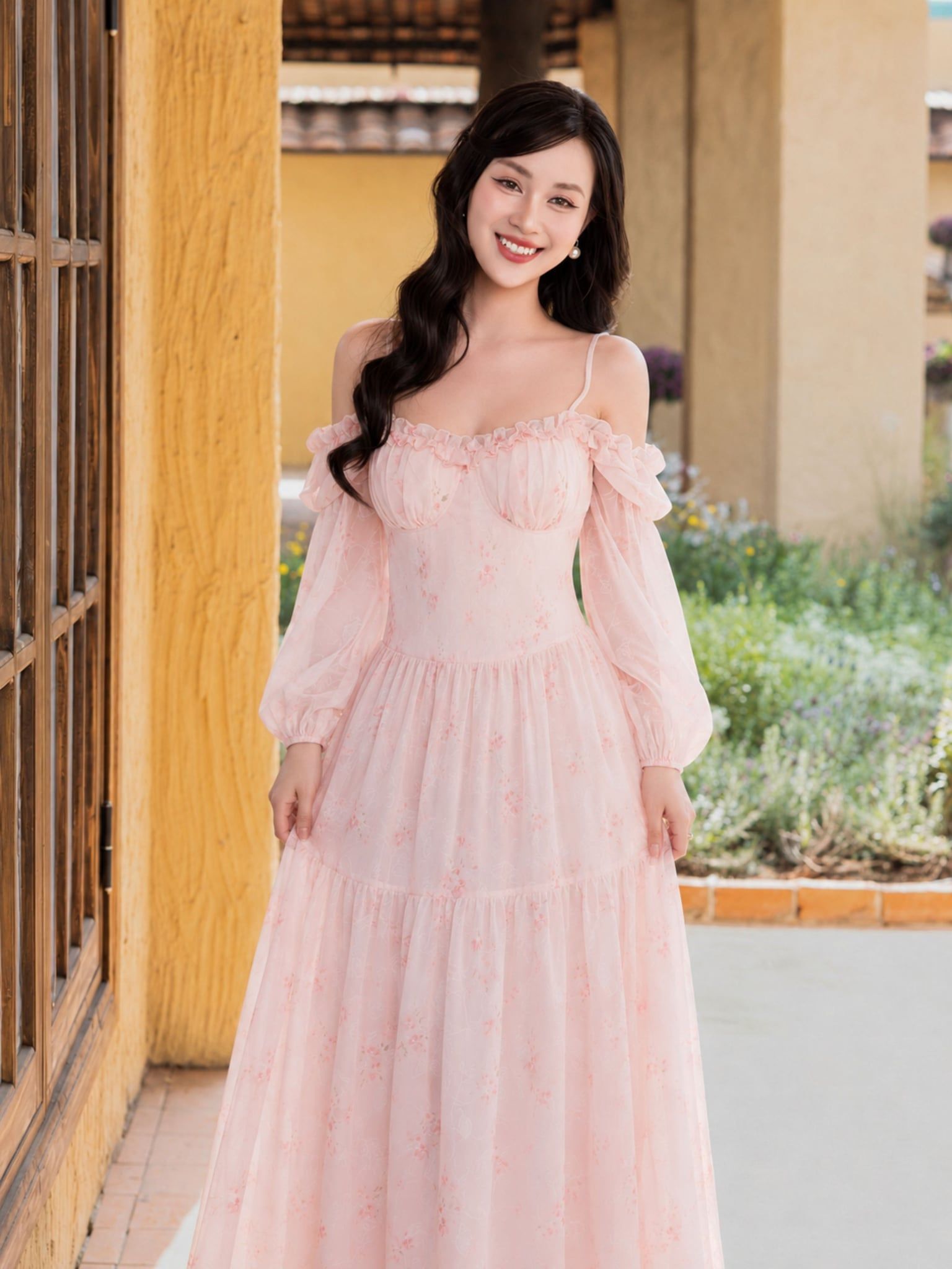  Đầm midi voan hoa tay phồng dài 