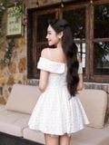  Đầm mini 2 dây trễ vai tùng xòe phối lưới 