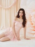  Đầm cup mini phối lưới choàng vai và tùng 