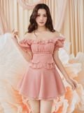  Đầm mini trễ vai nhún ngực phối bèo 