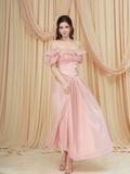  Đầm midi trễ vai phối bèo có tay 