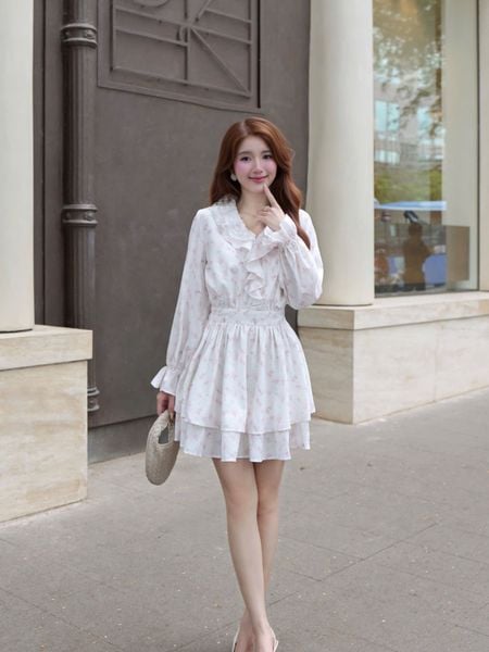  Đầm mini in hoa tay dài cổ phối bèo 