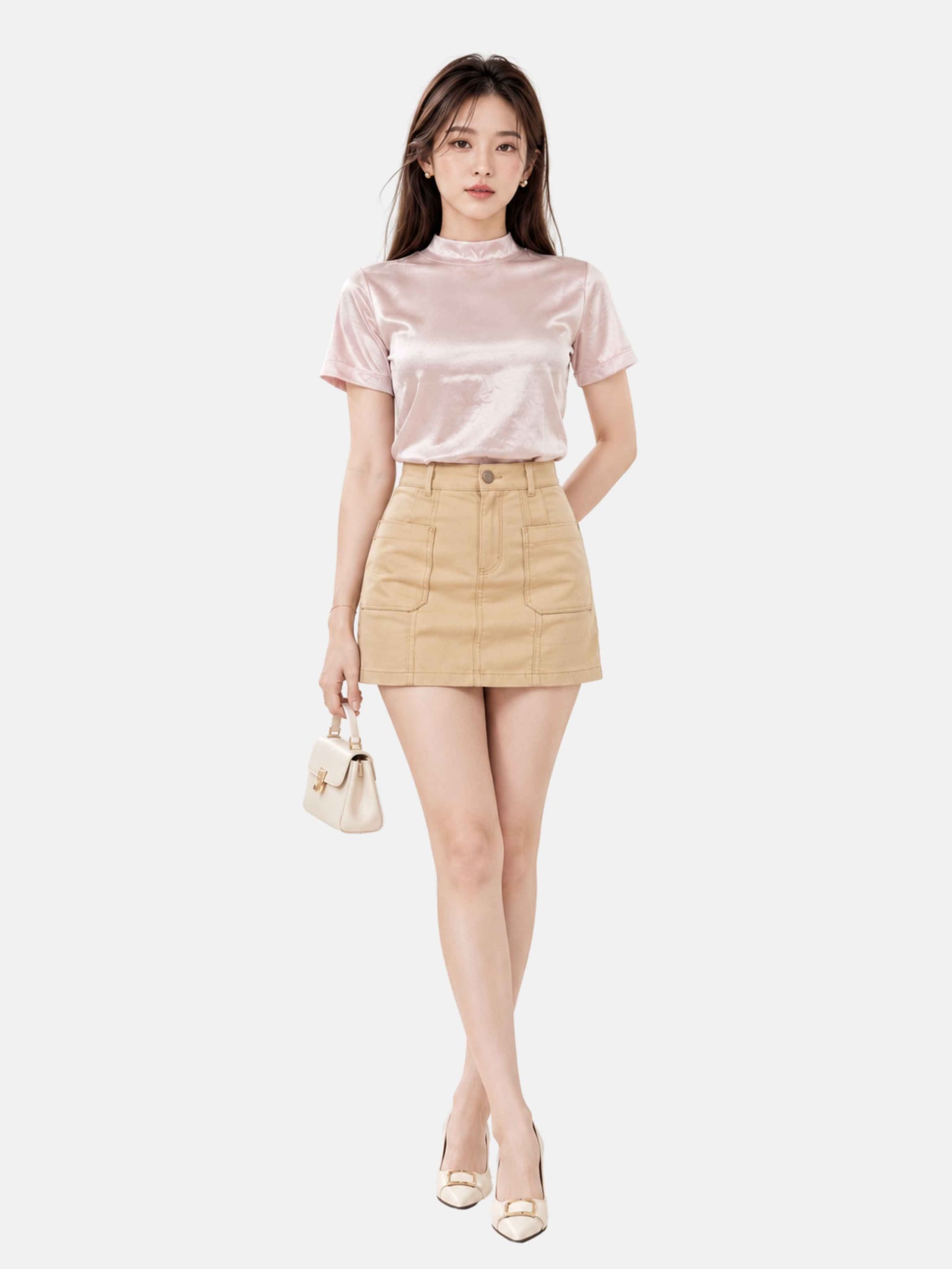 Áo lụa tay ngắn cổ lọ có dây nơ sau lưng