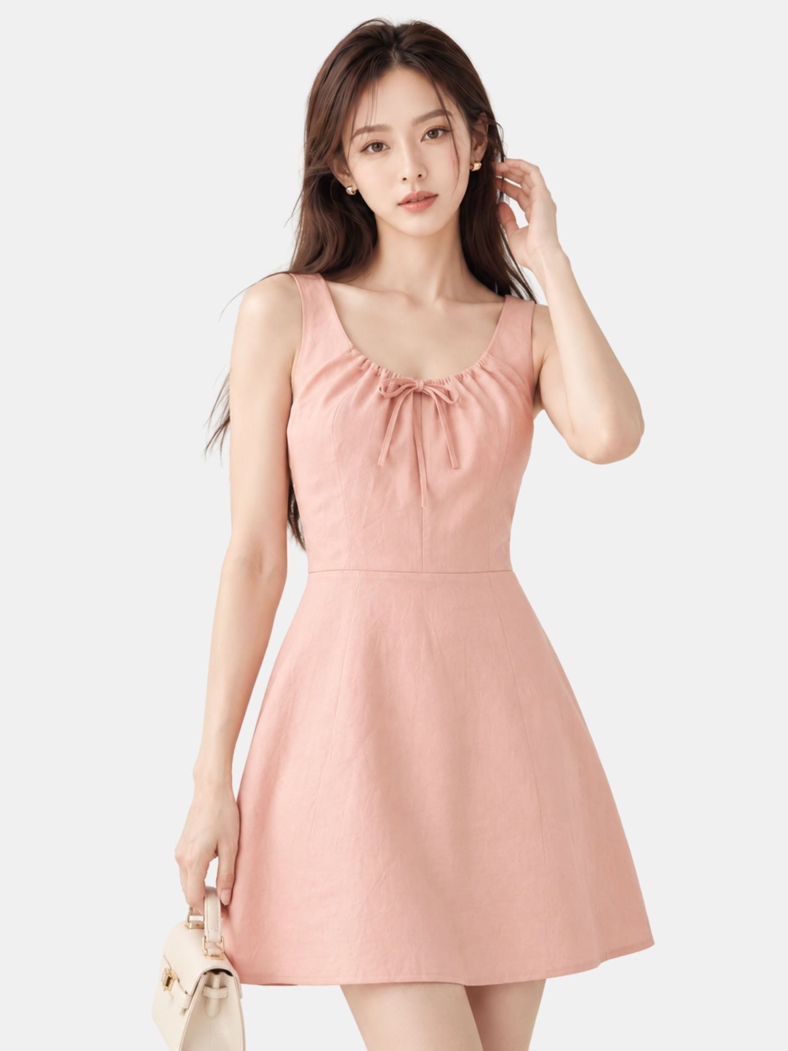  Đầm mini linen cổ xếp nhún không tay 