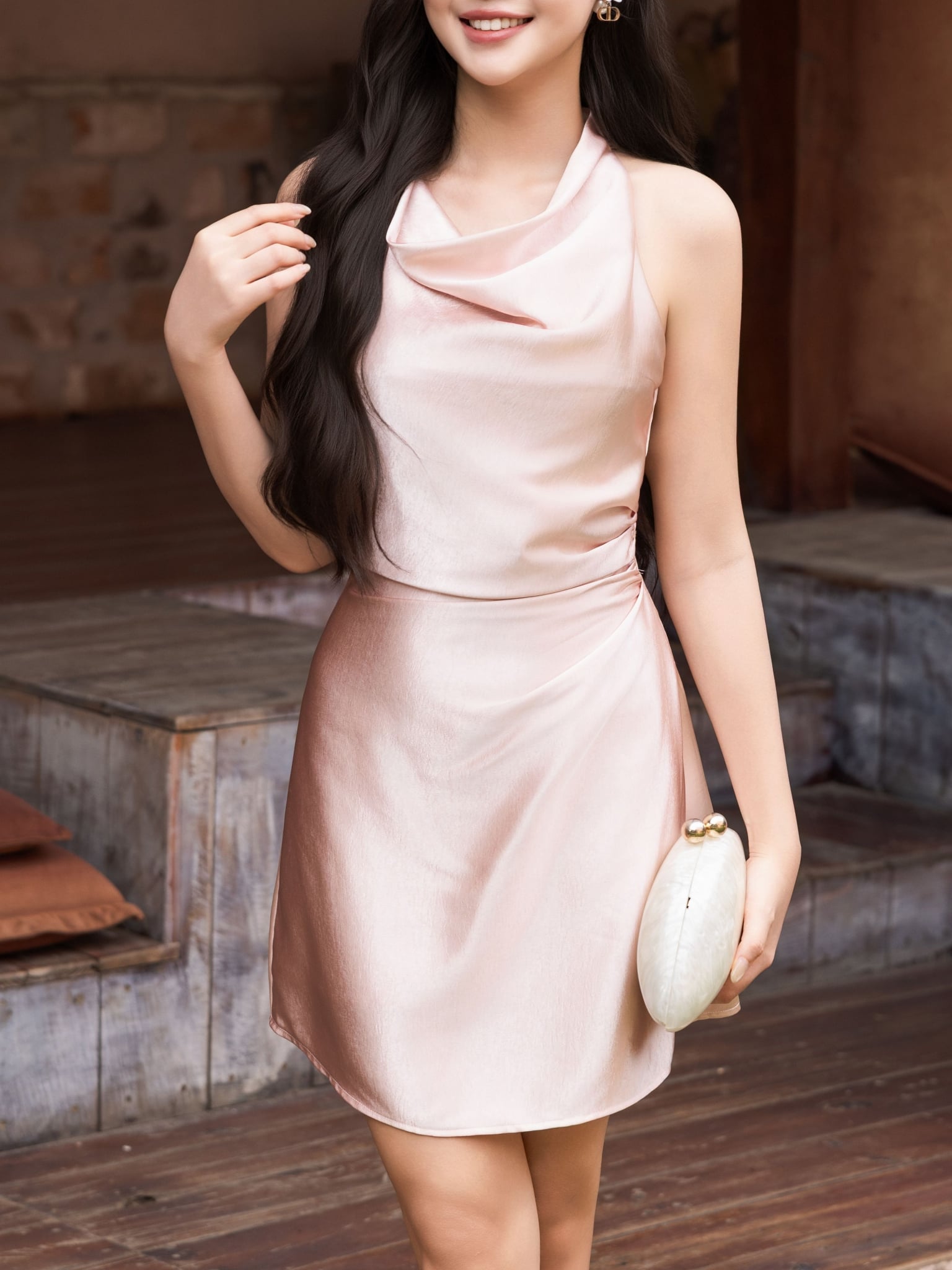 Đầm mini lụa cổ đổ dáng A