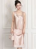  Chân váy midi lụa phối ren lai 